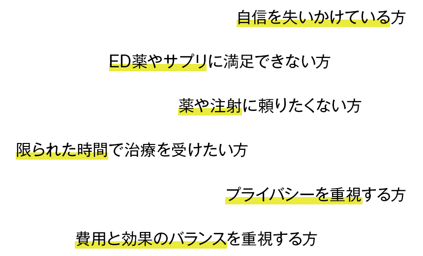 自信を失いかけている方 ED薬やサプリに満足できない方 薬や注射に頼りたくない方 限られた時間で治療を受けたい方 プライバシーを重視する方 費用と効果のバランスを重視する方