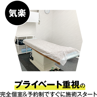 プライベート重視の完全個室&予約制ですぐに施術スタート