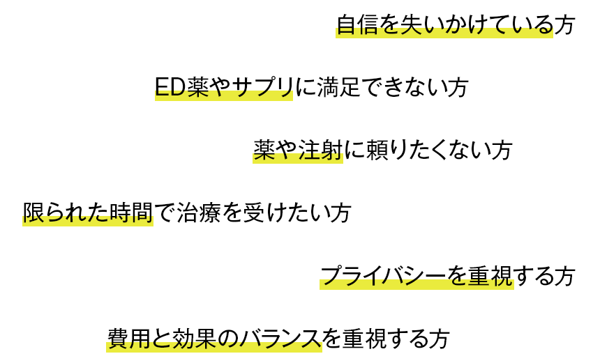 自信を失いかけている方 ED薬やサプリに満足できない方 薬や注射に頼りたくない方 限られた時間で治療を受けたい方 プライバシーを重視する方 費用と効果のバランスを重視する方